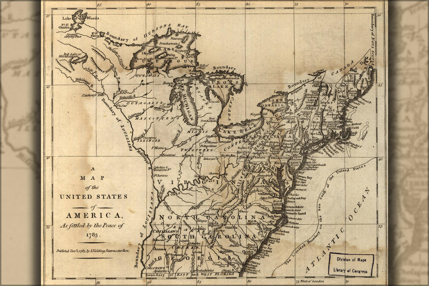 24"x36" Gallery Poster, map of the United States of America 1783 p3