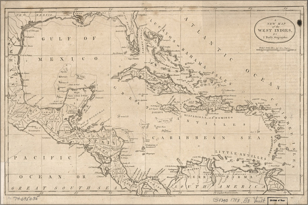24"x36" Gallery Poster, map of the West Indies cuba 1783