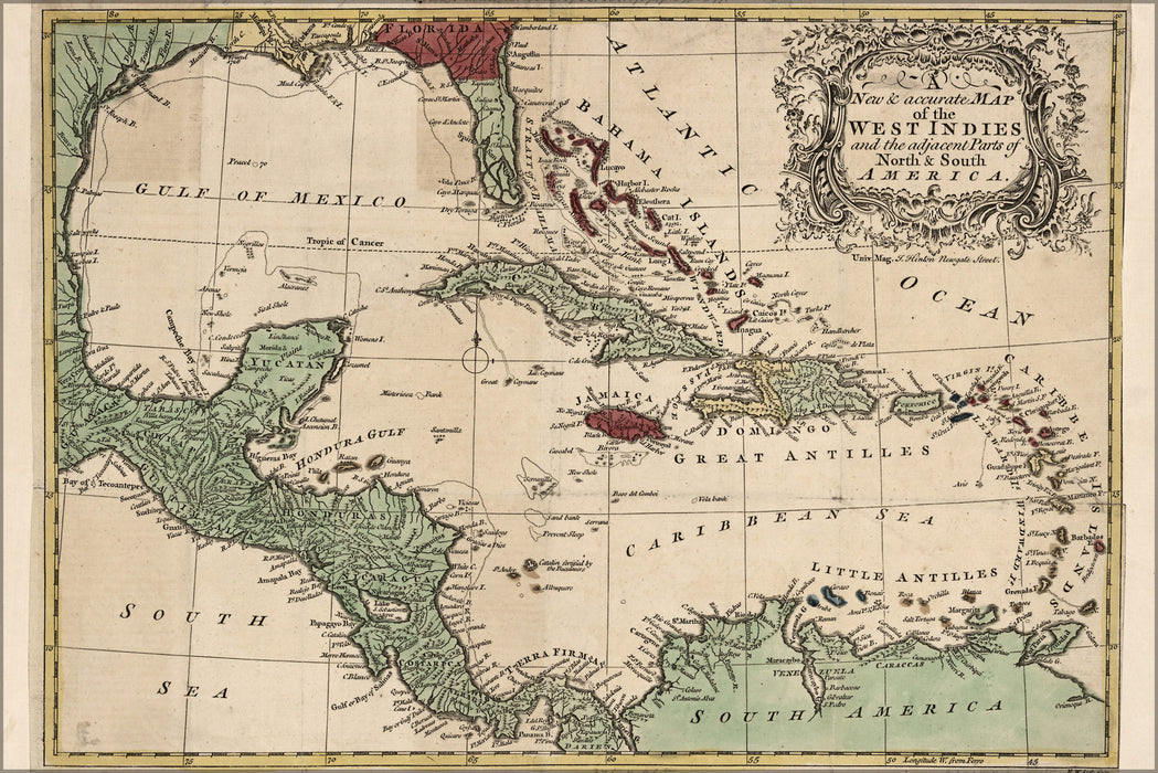 24"x36" Gallery Poster, map of the West Indies cuba florida mexico 1755