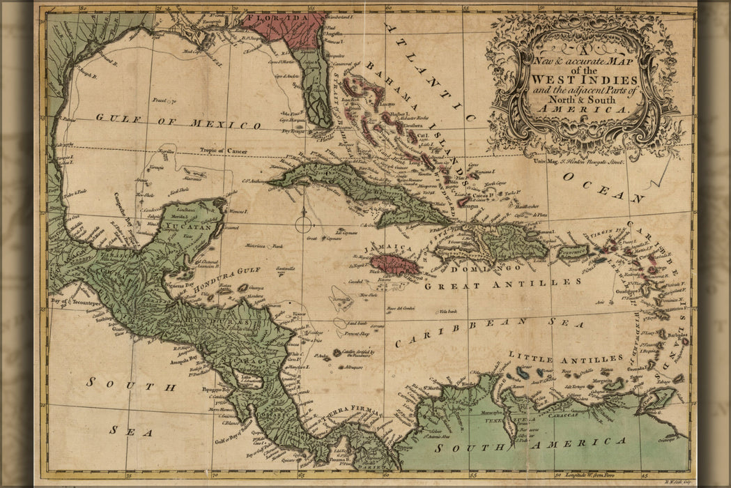 24"x36" Gallery Poster, map of the West Indies cuba mexico caribbean 1755