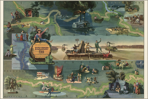 24"x36" Gallery Poster, map of the adventures of Huckleberry Finn on the mississippi river, by Mark Twain