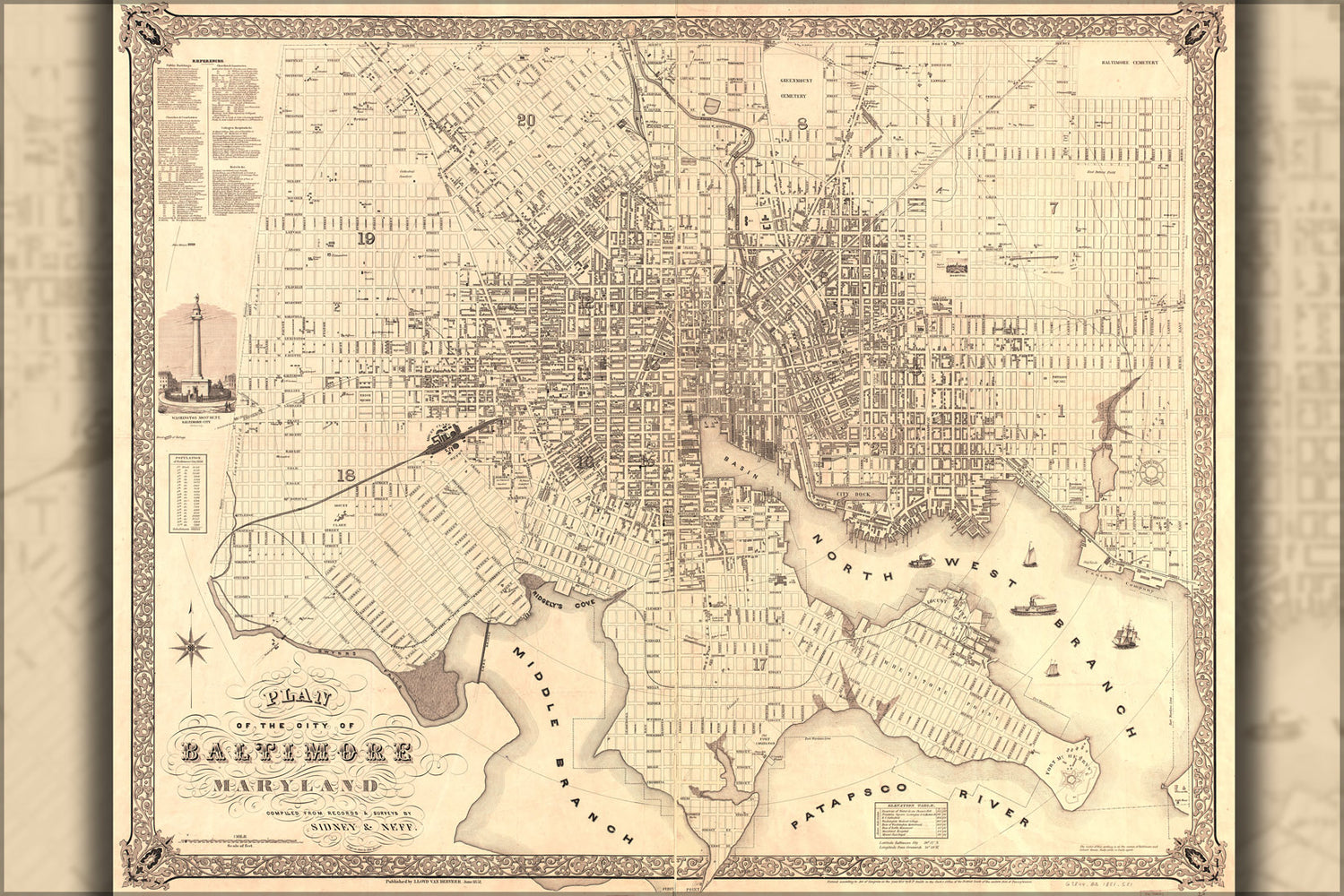 24"x36" Gallery Poster, map of the city of Baltimore, Maryland 1851