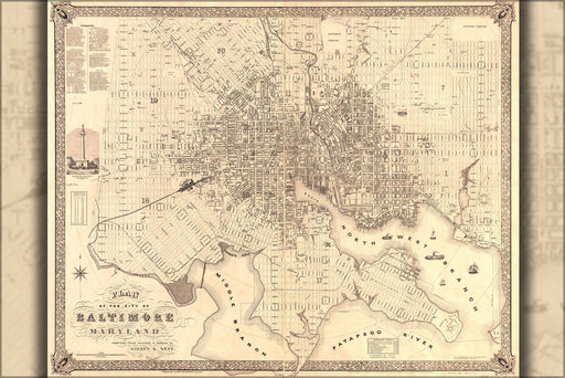 24"x36" Gallery Poster, map of the city of Baltimore, Maryland 1851