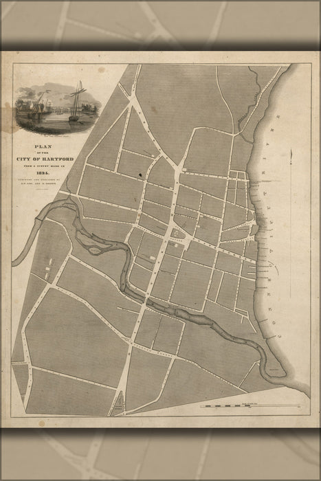24"x36" Gallery Poster, map of the city of Hartford connecticut 1824