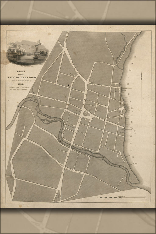 24"x36" Gallery Poster, map of the city of Hartford connecticut 1824
