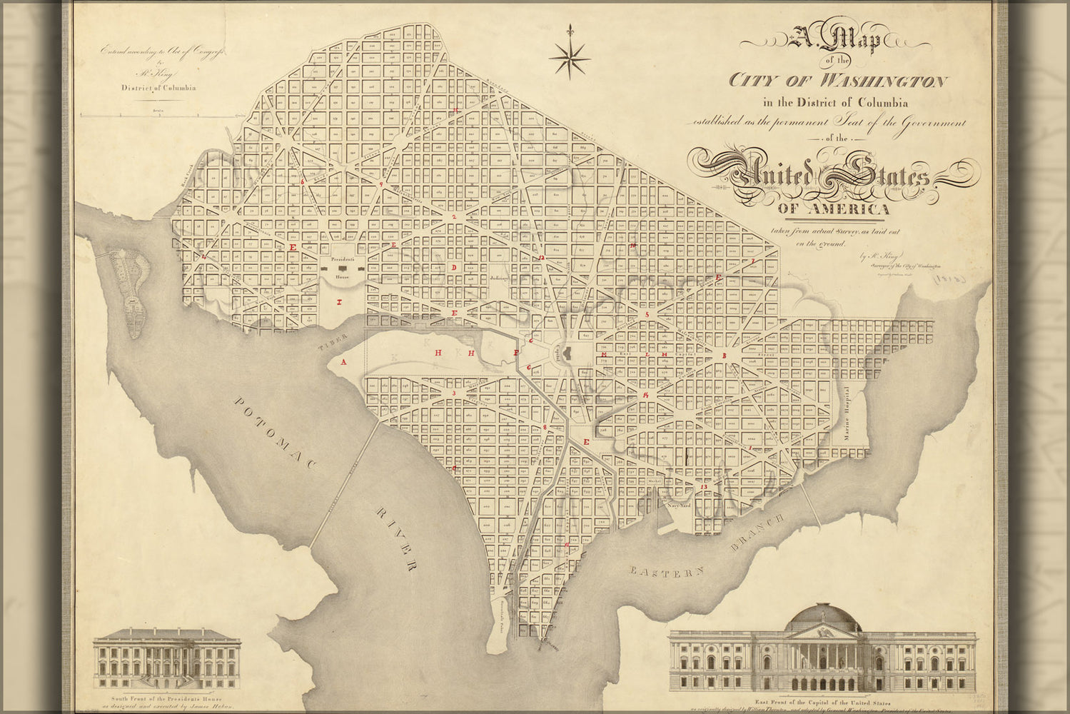 24"x36" Gallery Poster, map of the city of Washington d.c. 1818