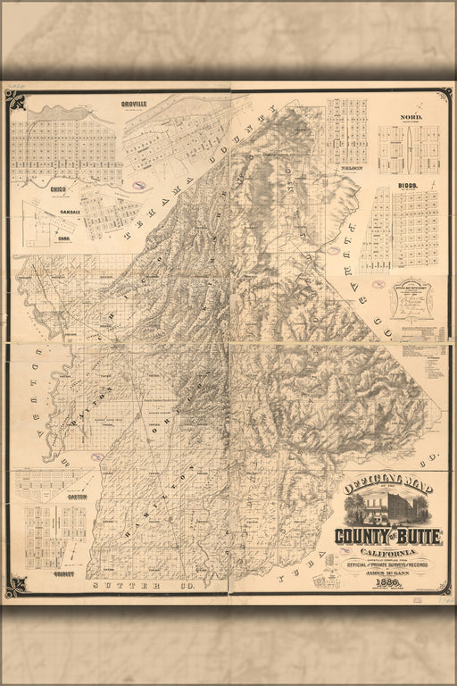 24"x36" Gallery Poster, map of the county of Butte, California 1886