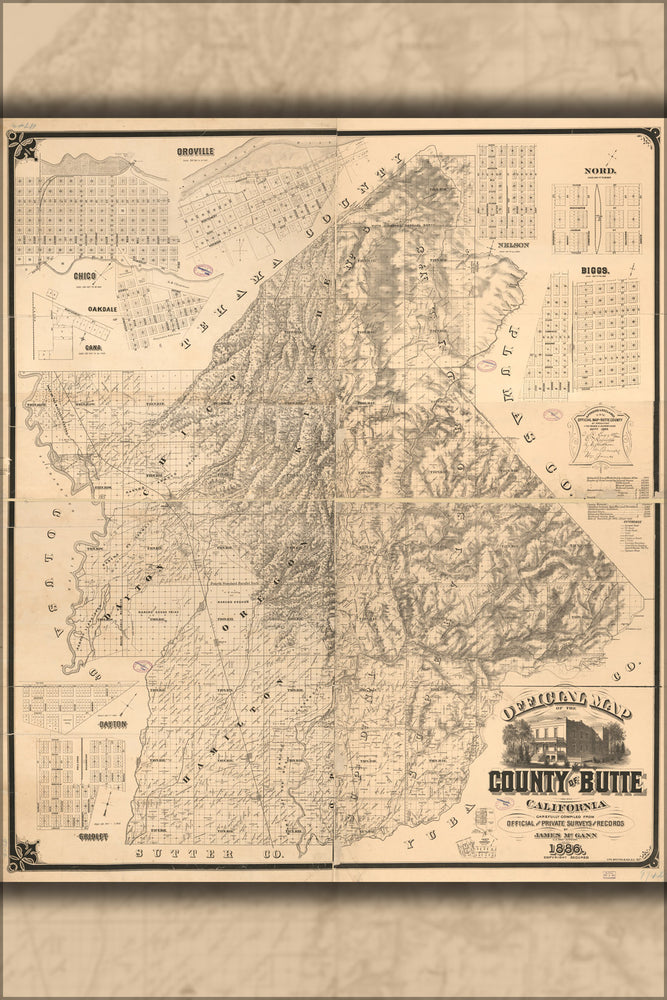 24"x36" Gallery Poster, map of the county of Butte, California 1886