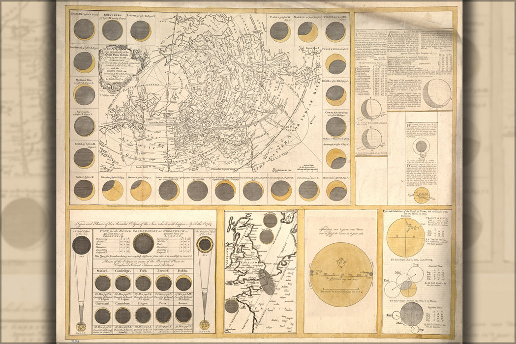 24"x36" Gallery Poster, map of the great solar eclipse of July 14 1748