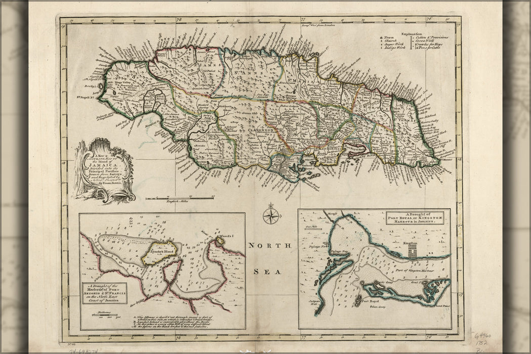 24"x36" Gallery Poster, map of the island of Jamaica 1752