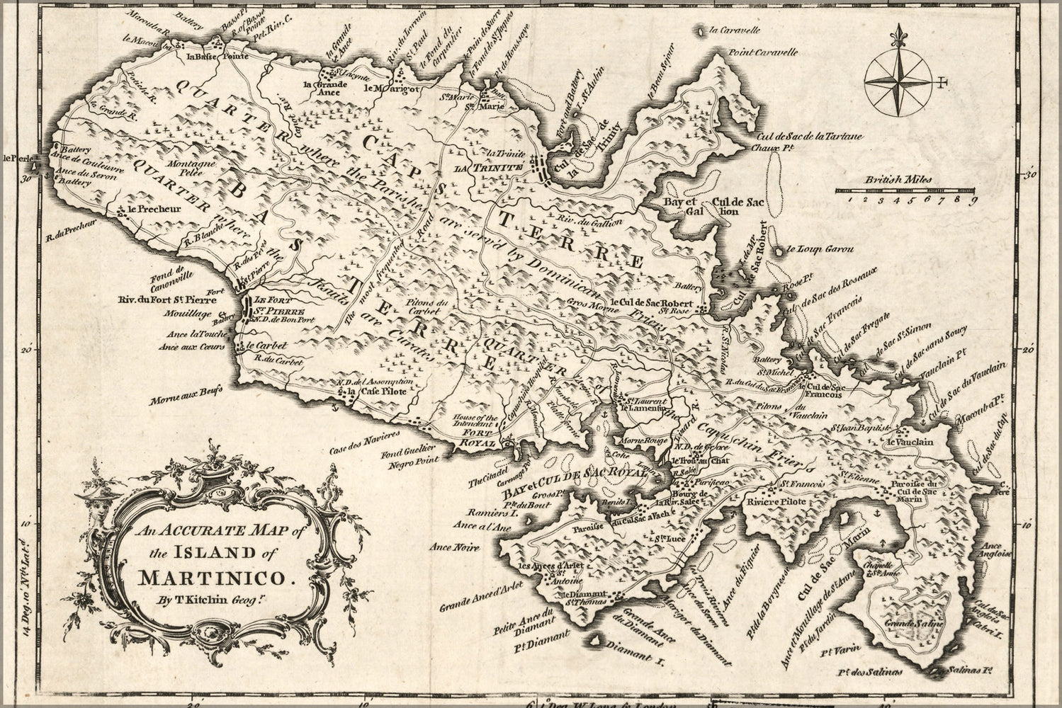 24"x36" Gallery Poster, map of the island of Martinique 1758