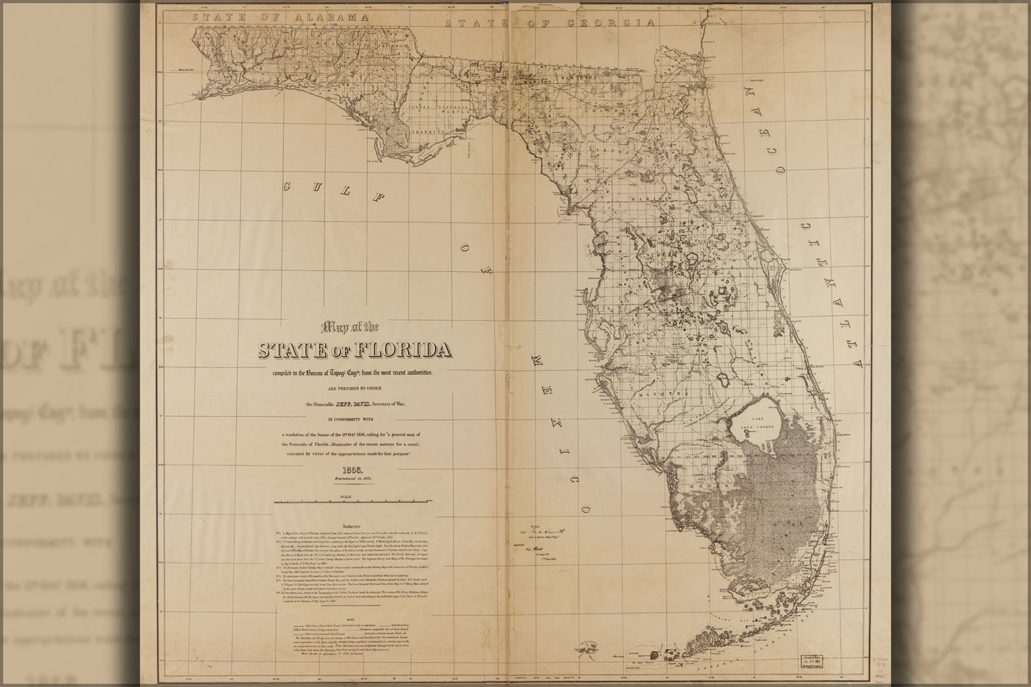 24"x36" Gallery Poster, map of the state of Florida 1873