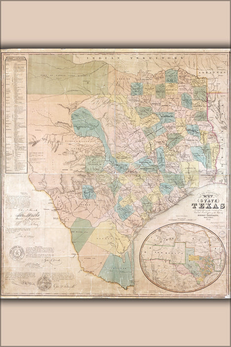 24"x36" Gallery Poster, map of the state of Texas 1853