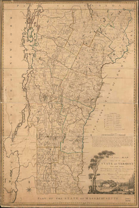 24"x36" Gallery Poster, map of the state of Vermont 1796