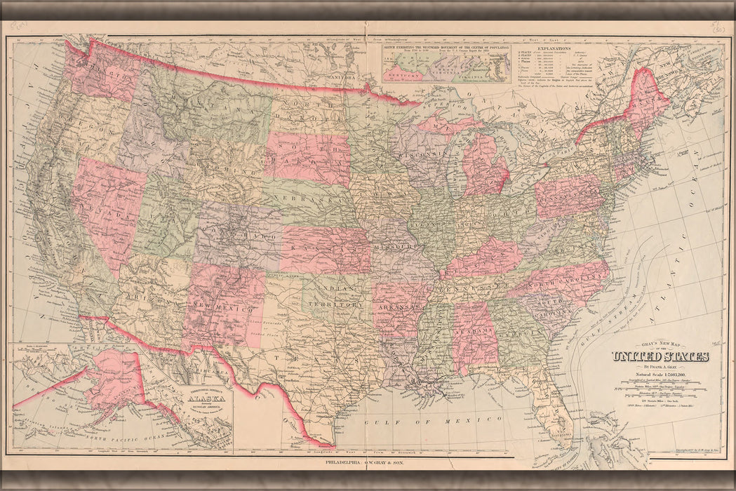24"x36" Gallery Poster, map of the united states of america 1890