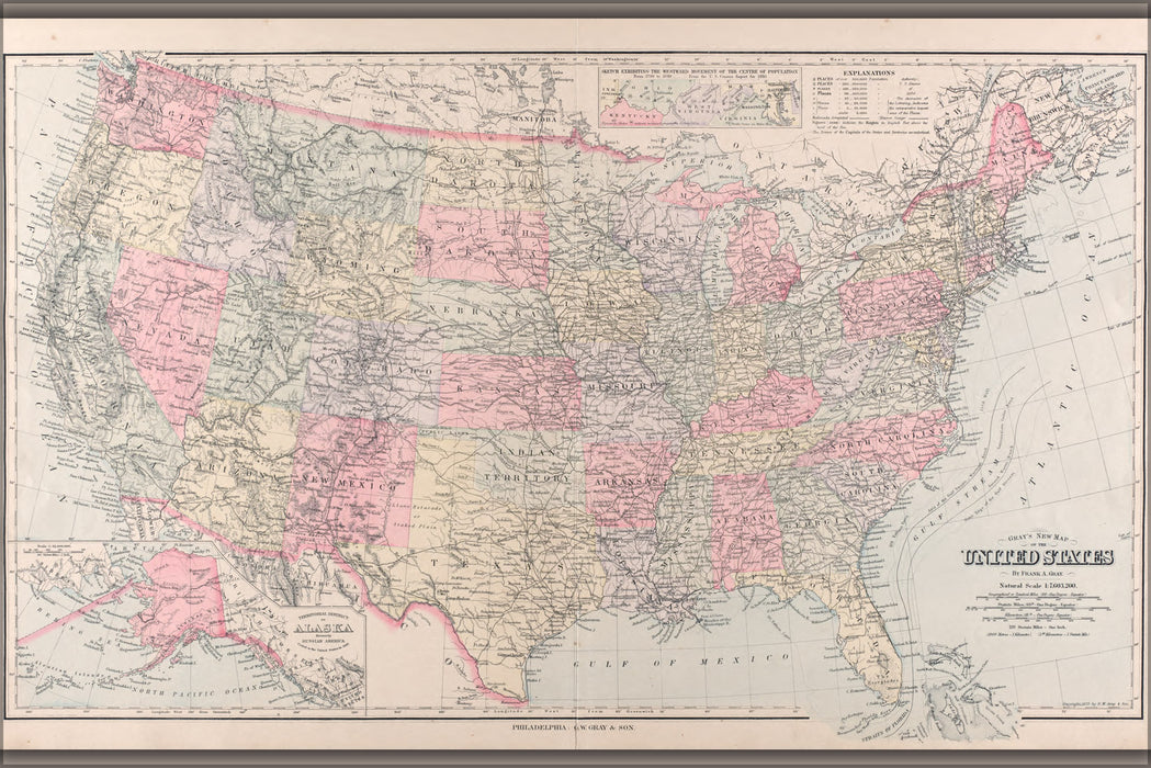 24"x36" Gallery Poster, map of the united states of america 1891
