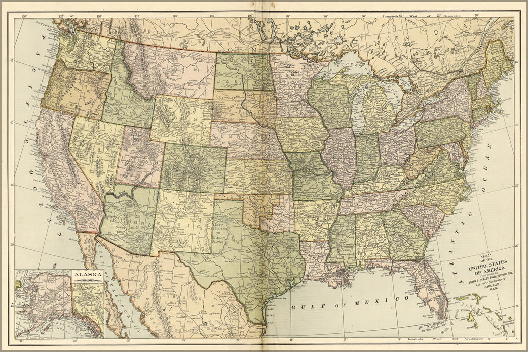24"x36" Gallery Poster, map of the united states of america 1896