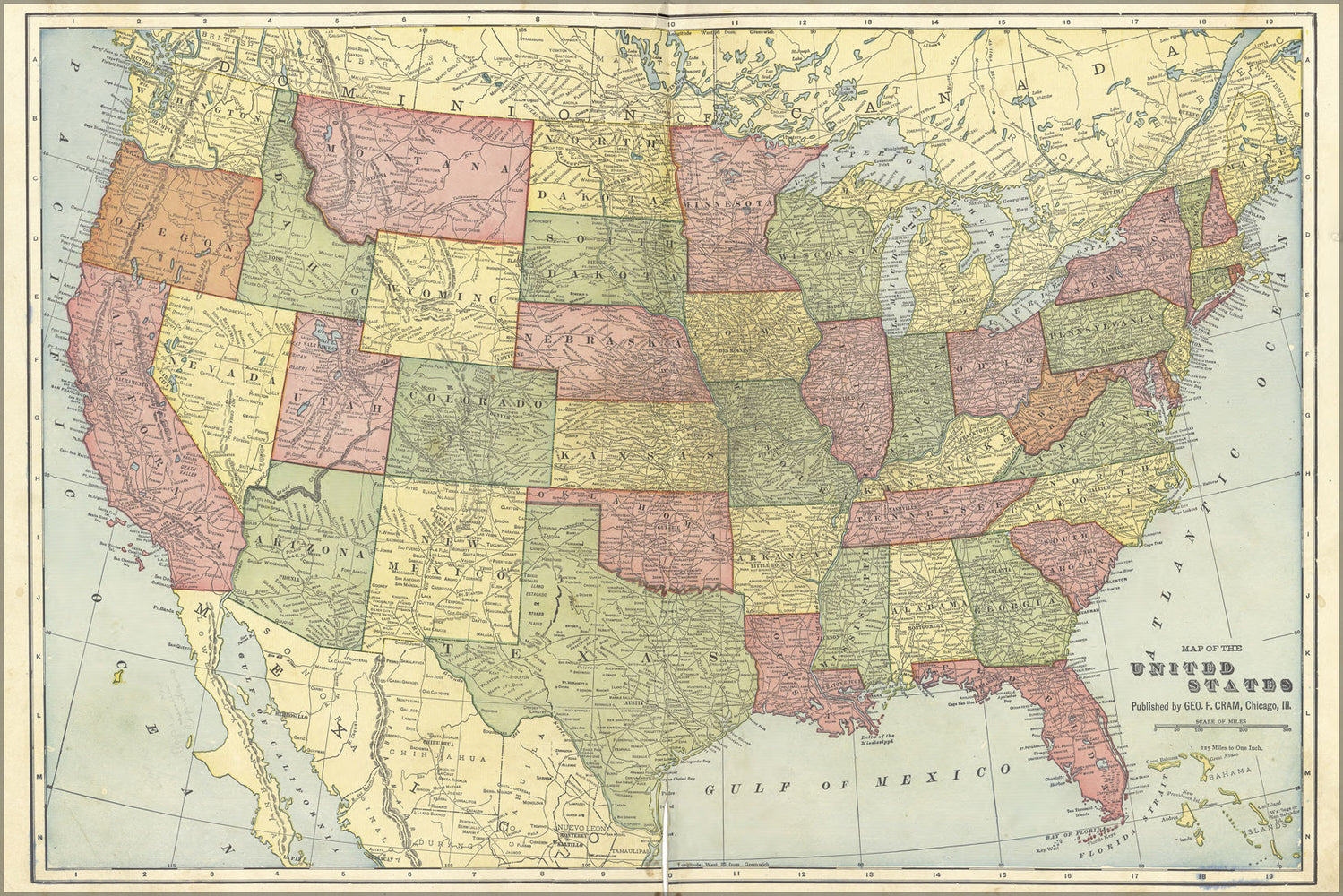 24"x36" Gallery Poster, map of the united states of america 1908