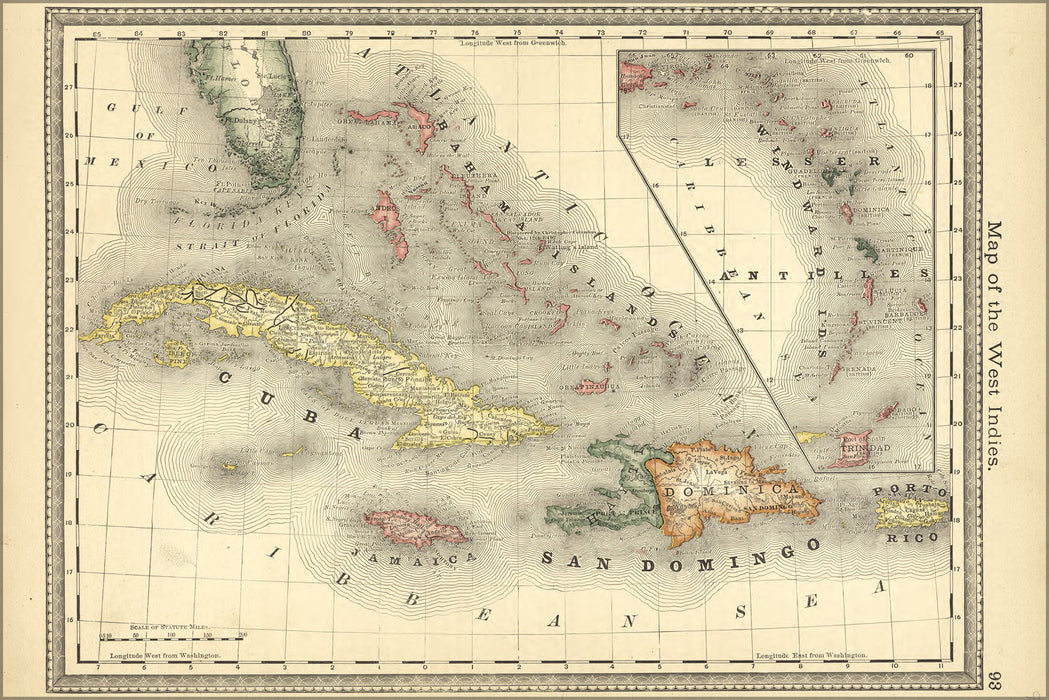24"x36" Gallery Poster, map of the west indies cuba caribbean 1881