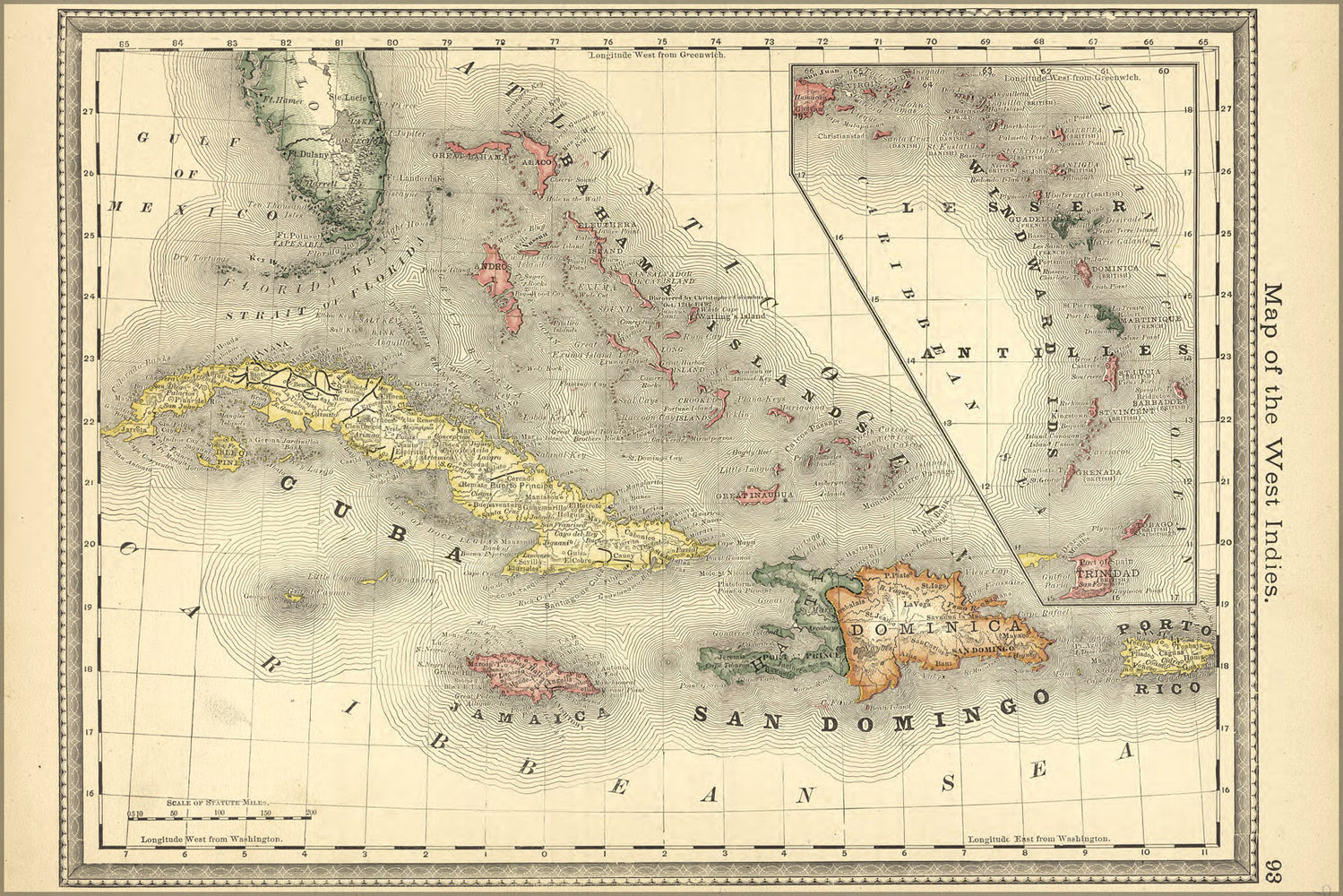 24"x36" Gallery Poster, map of the west indies cuba caribbean 1881