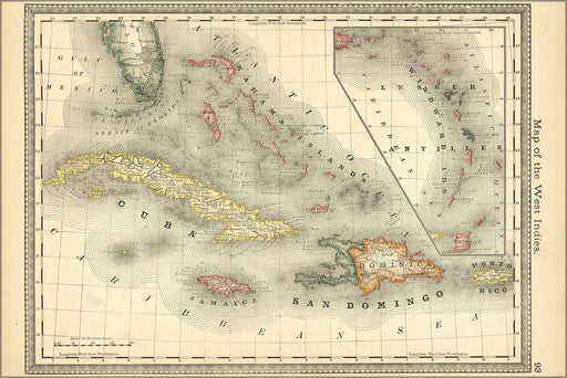 24"x36" Gallery Poster, map of the west indies cuba caribbean 1881