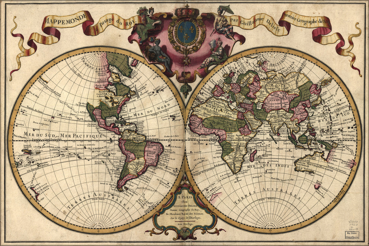 24"x36" Gallery Poster, map of the world 1720 in french
