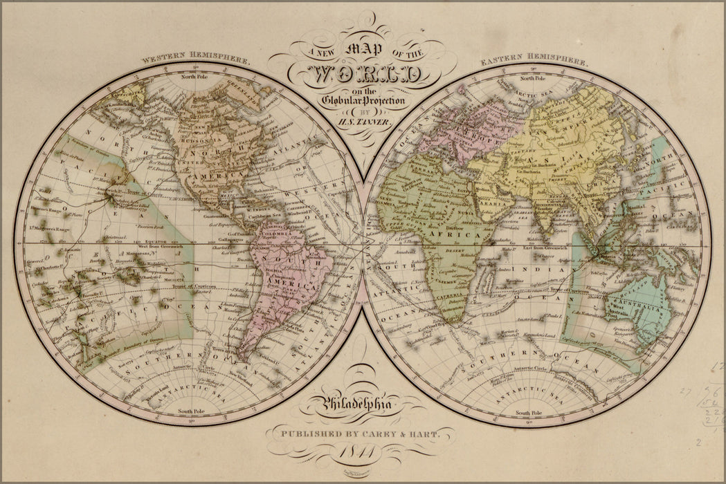 24"x36" Gallery Poster, map of the world 1844