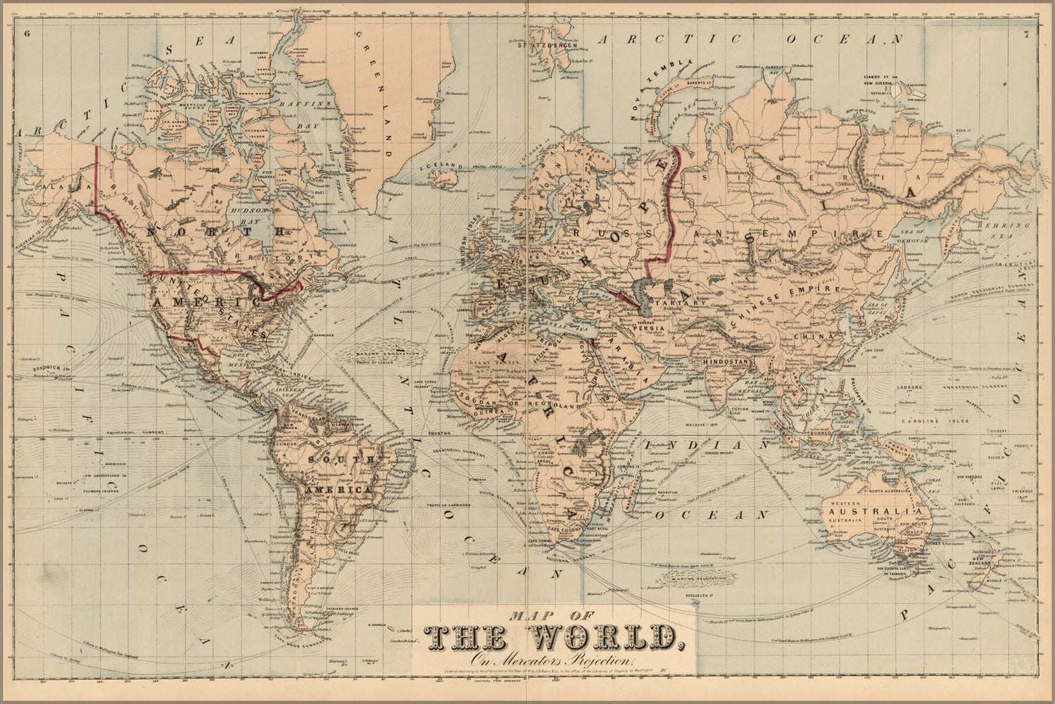 24"x36" Gallery Poster, map of the world 1875