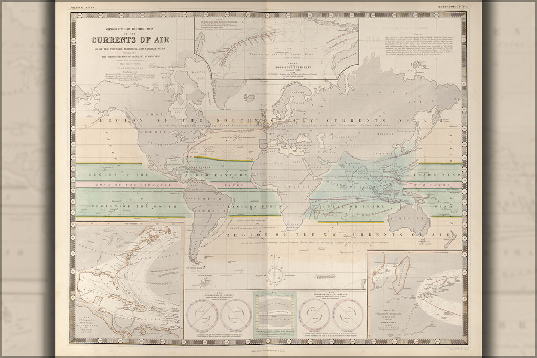 24"x36" Gallery Poster, map of the world showing air currents 1848