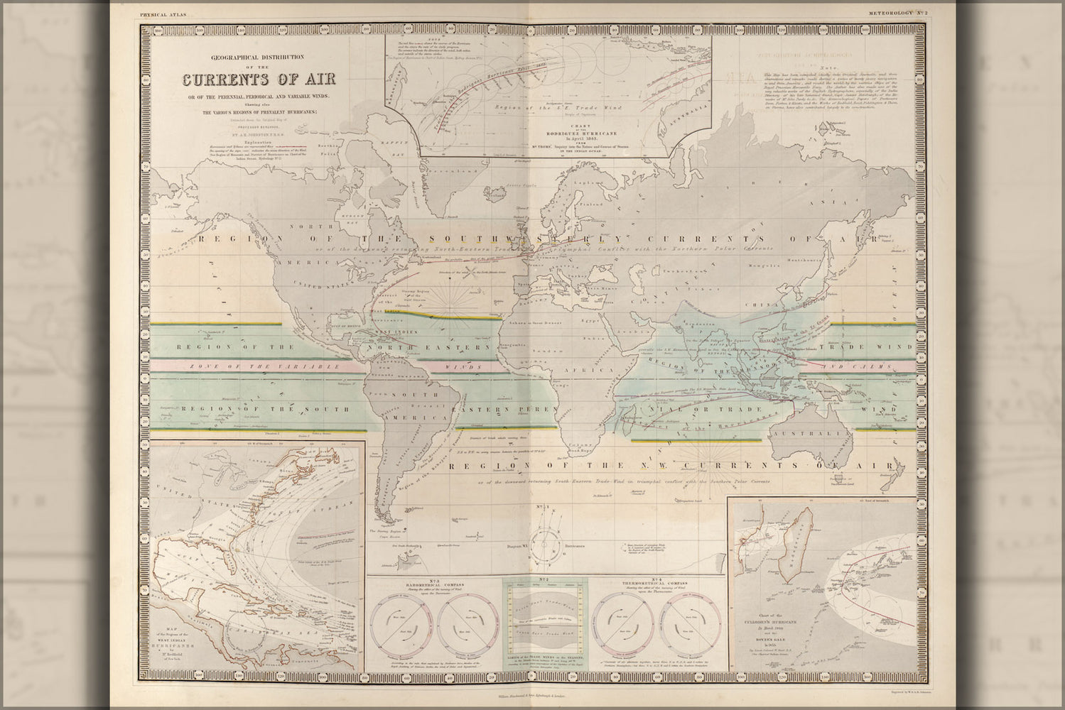 24"x36" Gallery Poster, map of the world showing air currents 1848