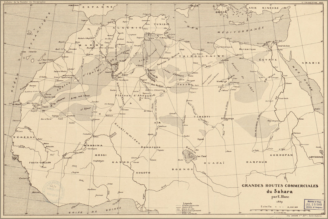 24"x36" Gallery Poster, map of trade routes Sahara desert 1890 in french