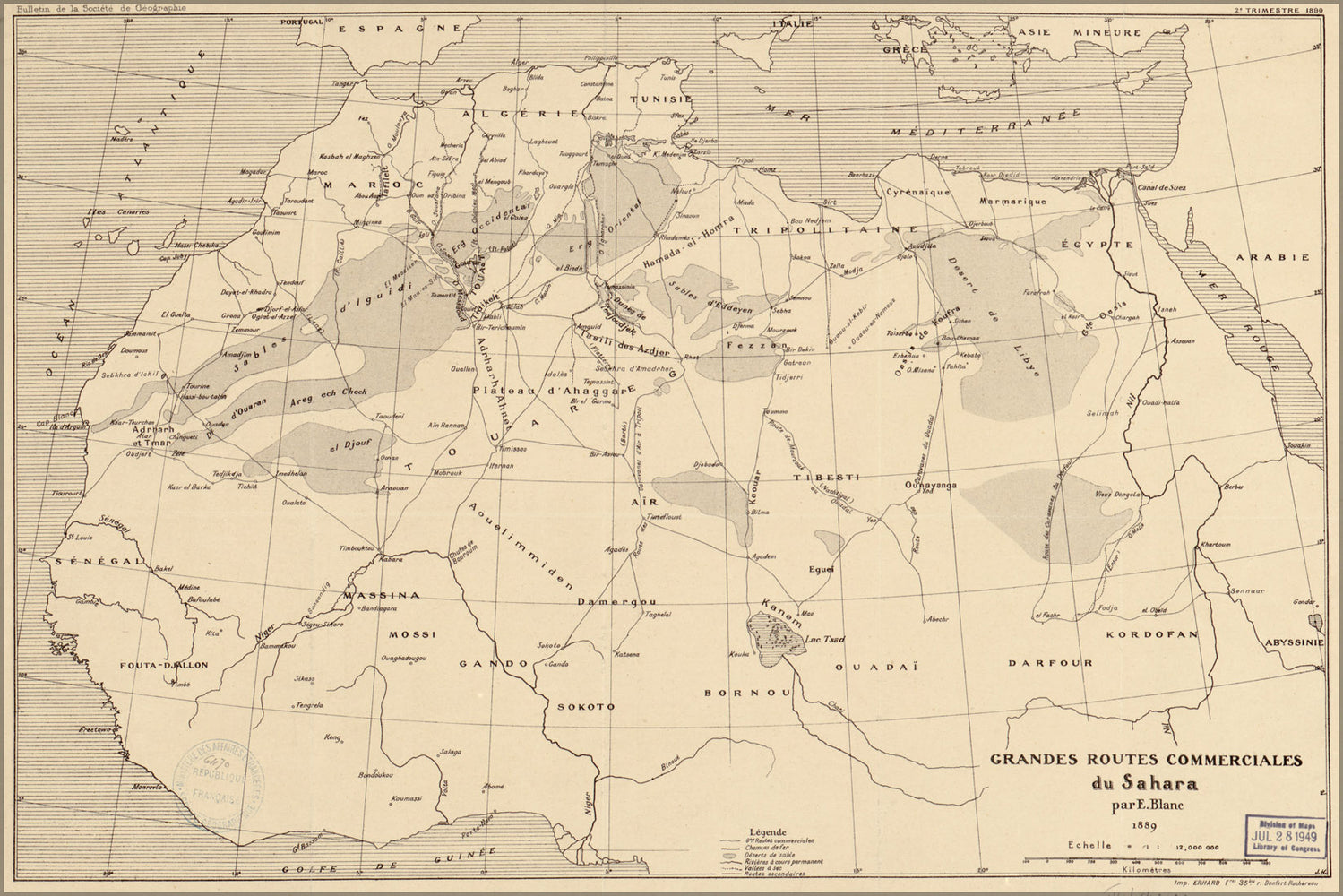 24"x36" Gallery Poster, map of trade routes Sahara desert 1890 in french