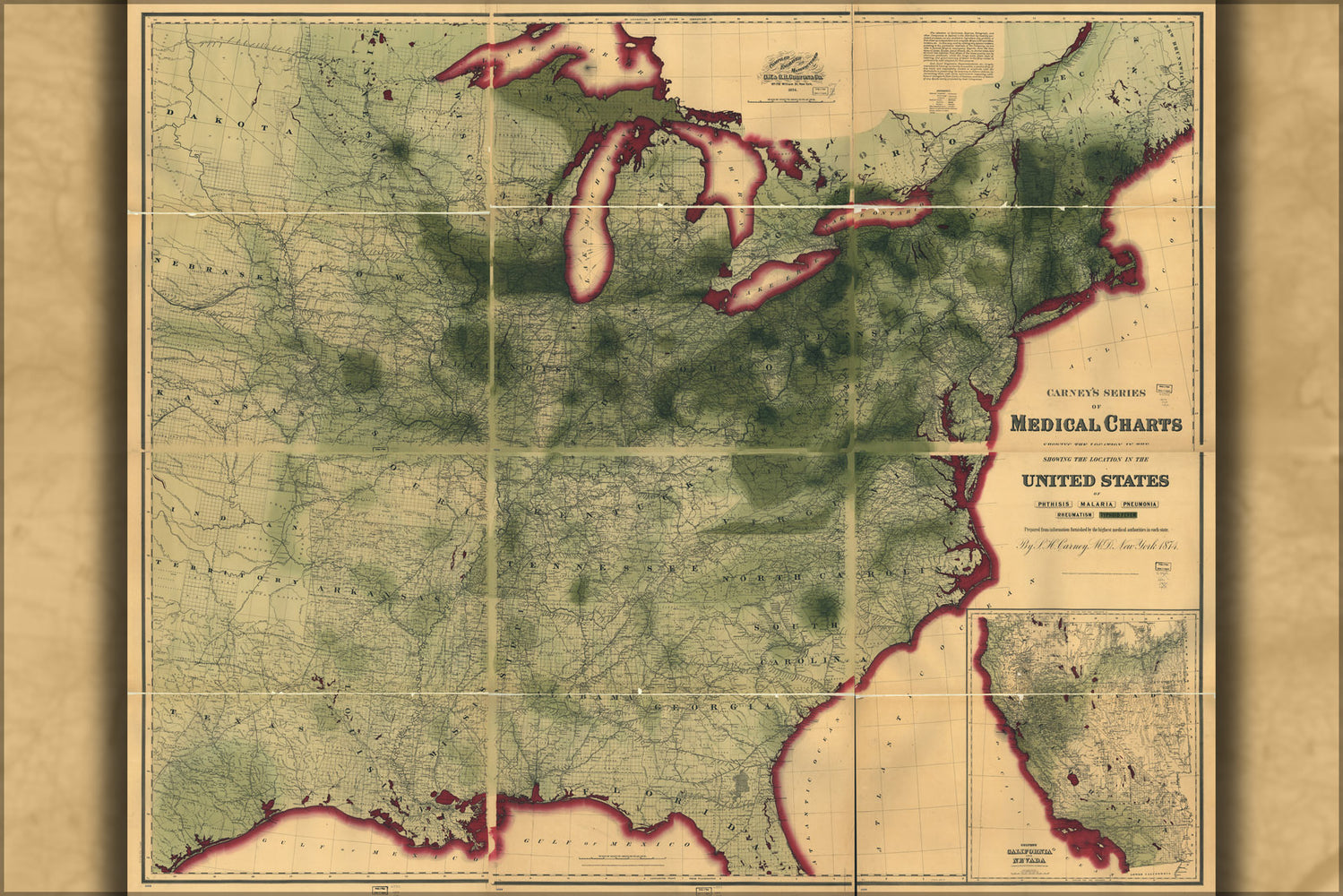 24"x36" Gallery Poster, map of typhoid fever in united states of america 1874