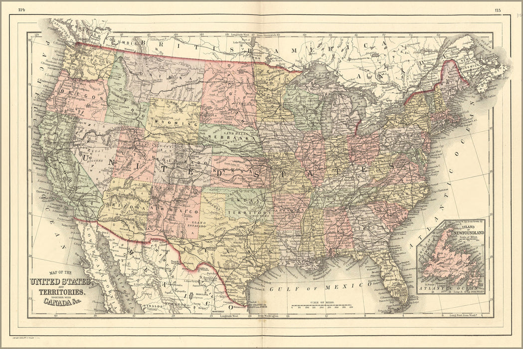 24"x36" Gallery Poster, map of united states 1887
