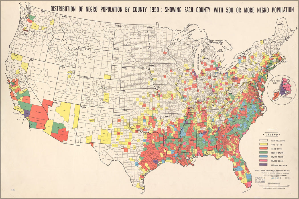 24"x36" Gallery Poster, map of united states Negro population 1950