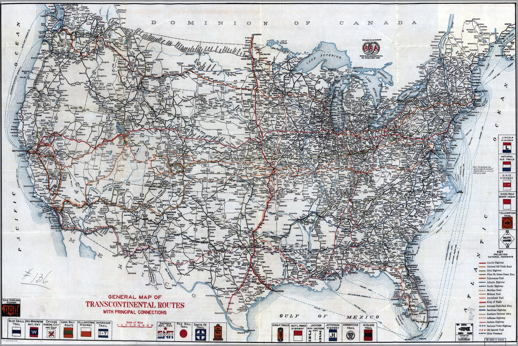 24"x36" Gallery Poster, map of united states highways & roads 1918