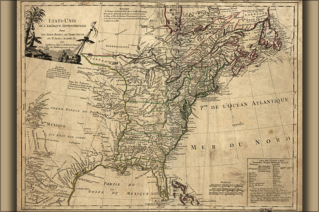 24"x36" Gallery Poster, map of united states of america 1785 in french