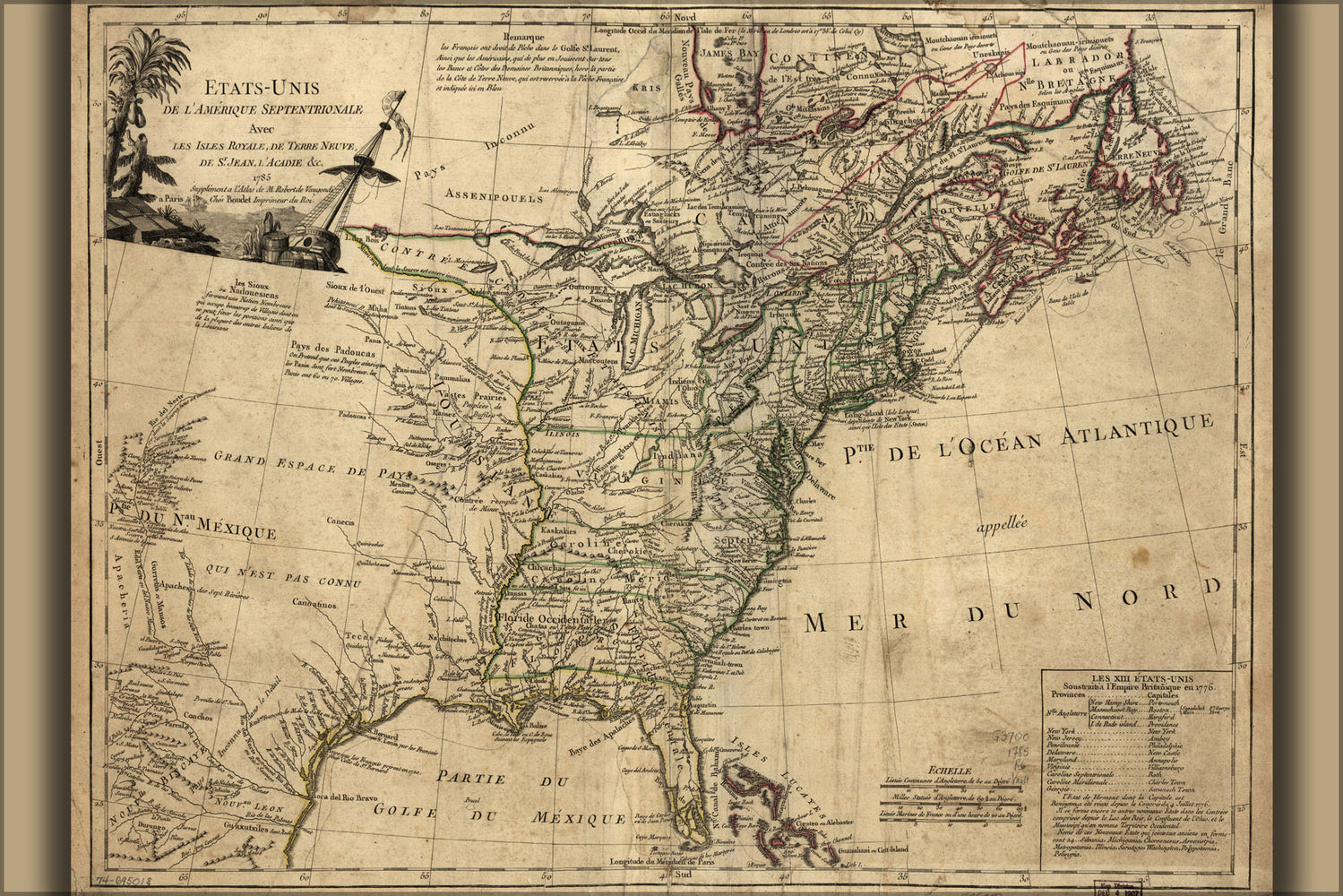 24"x36" Gallery Poster, map of united states of america 1785 in french