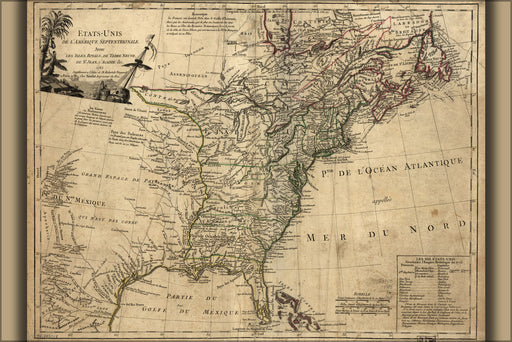 24"x36" Gallery Poster, map of united states of america 1785 in french