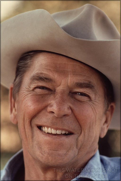 24"x36" Gallery Poster, president Ronald Reagan in a cowboy hat at Rancho Del Cielo