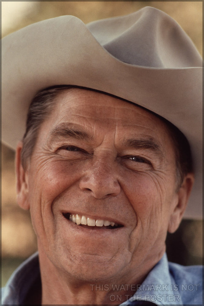 24"x36" Gallery Poster, president Ronald Reagan in a cowboy hat at Rancho Del Cielo