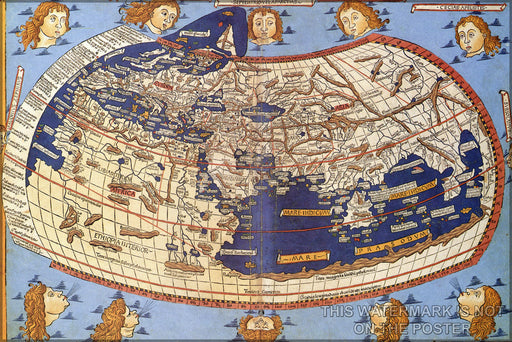 24"x36" Gallery Poster, ptolemaic world map 15th century depicting Ptolemy's description of the Ecumene, (1482