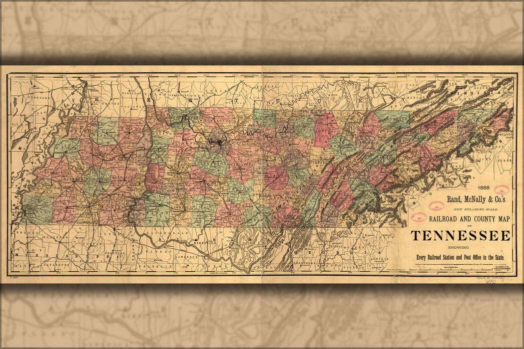 24"x36" Gallery Poster, railroad and county map of Tennessee 1888