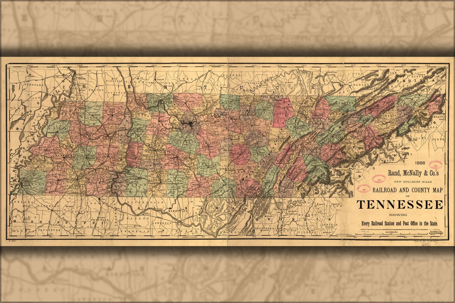 24"x36" Gallery Poster, railroad and county map of Tennessee 1888