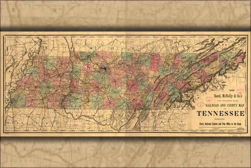 24"x36" Gallery Poster, railroad and county map of Tennessee 1888