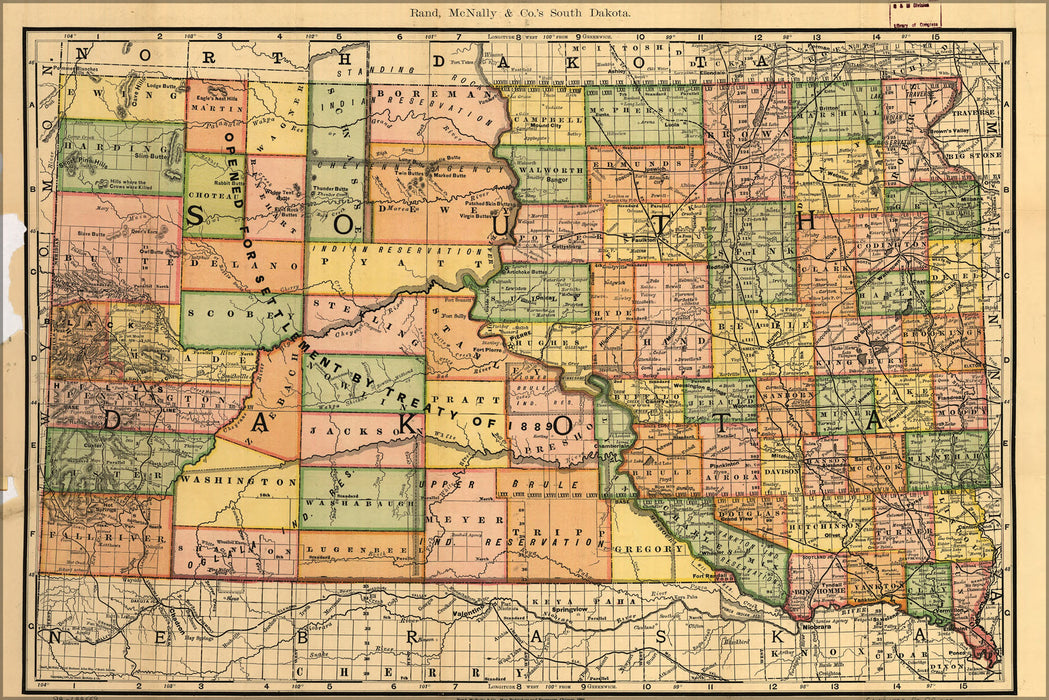 24"x36" Gallery Poster, railroad county shippers map of South Dakota 1892