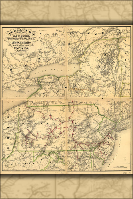 24"x36" Gallery Poster, railroad map New York Pennsylvania Jersey 1881