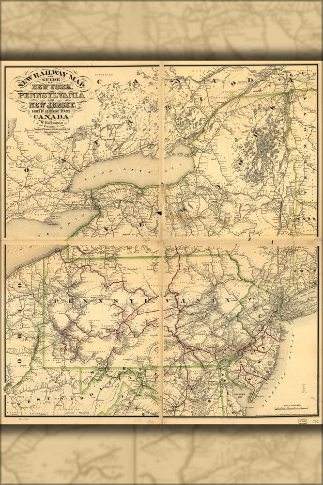 24"x36" Gallery Poster, railroad map New York Pennsylvania Jersey 1881
