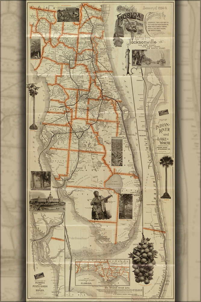 24"x36" Gallery Poster, railroad map of Florida  1894