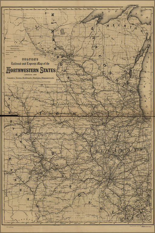24"x36" Gallery Poster, railroad map of wisconsin illinois missouri 1872